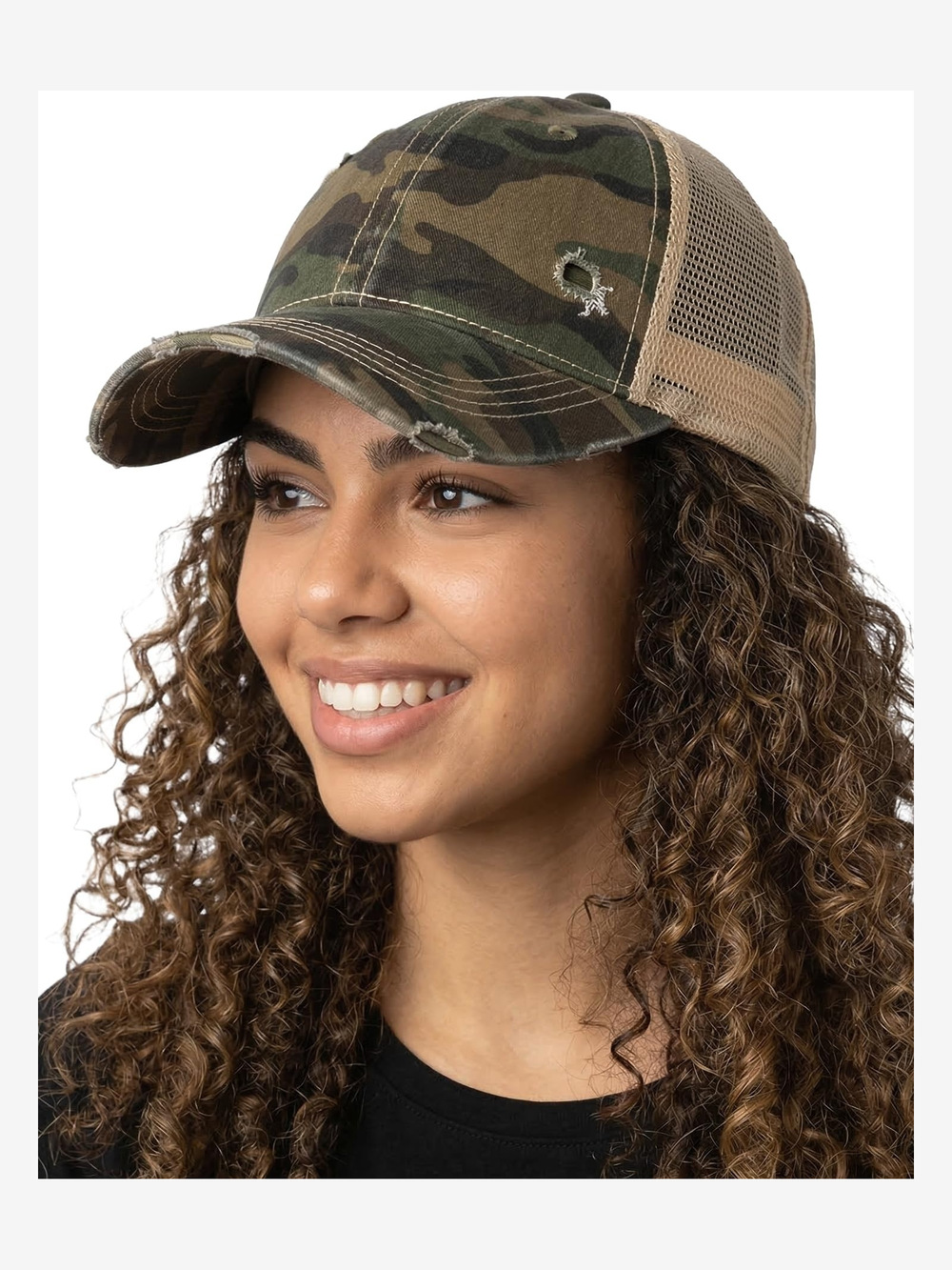 Distressed Mesh Low Profile Trucker Hat | Green Camo, Beige Mesh | Size OS